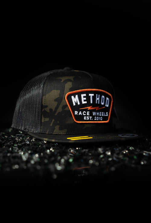 Method Bolt Patch Snapback Trucker Hat, Dark Camo